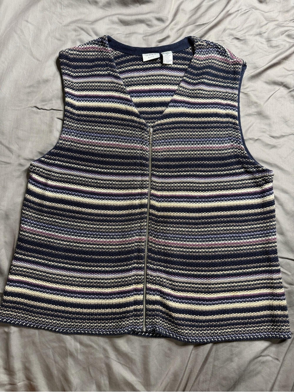 Striped Zip-Front Sleeveless Knit Vest - Navy, Cream & Lavender